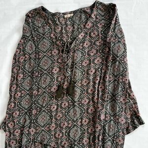 Hollister Women’s Olive and Pink Printed Tie-Up Long Sleeve Blouse with Tassels